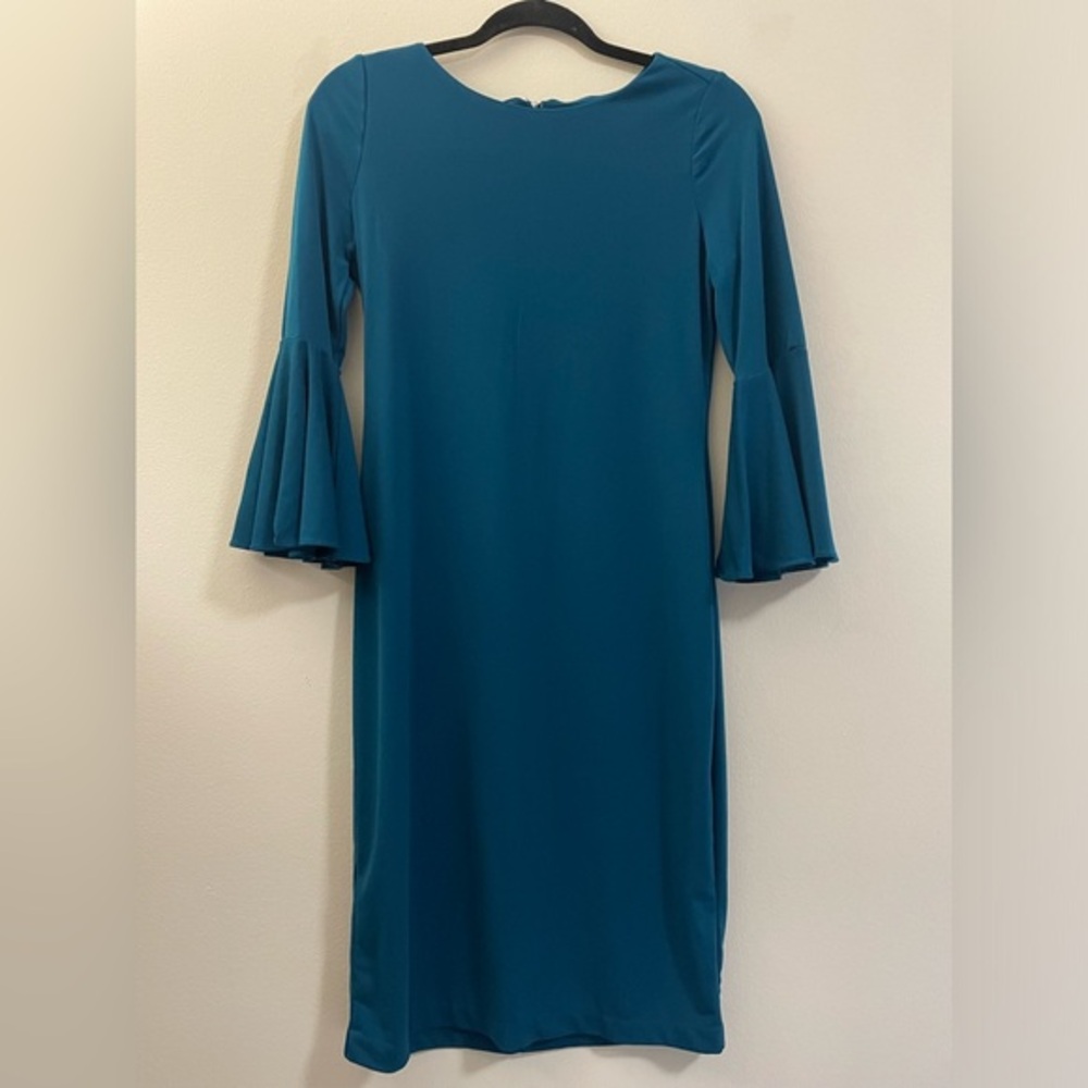 Calvin Klein Belle Sleeve Crew Neck Dress in Teal Blue -‎ 4